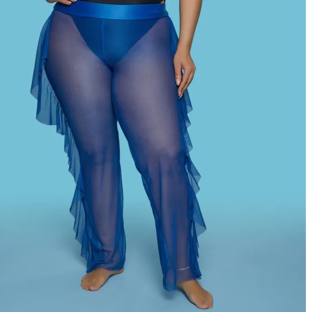 Love University Royal Blue Ruffled Side Mesh Pants - Picture 1 of 3